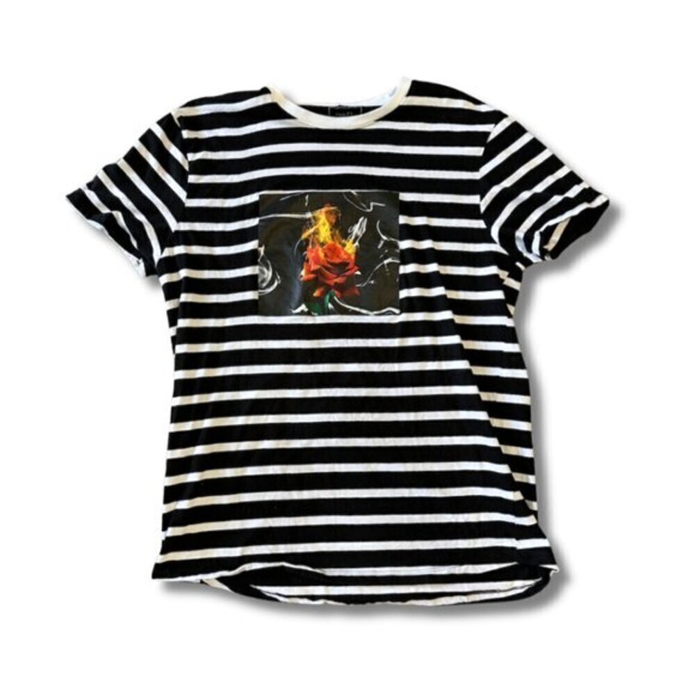 Rue 21 Rose Flame Graphic Tee Black White Stripe Crewneck Short Sleeve Women's